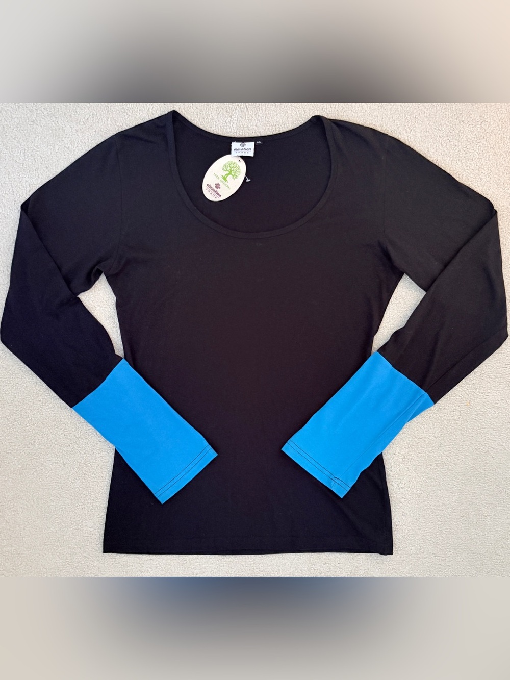 Elevation Trade Organic Cotton Colorblock Long Sleeve Top Black Teal Blue XL NWT